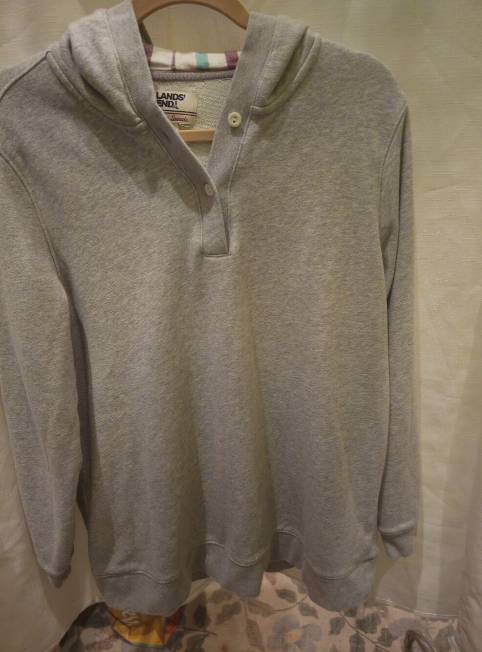 Lands' End Women's Size XL 18 Gray Serious Sweats Henley Flannel Lined Hooded Sw